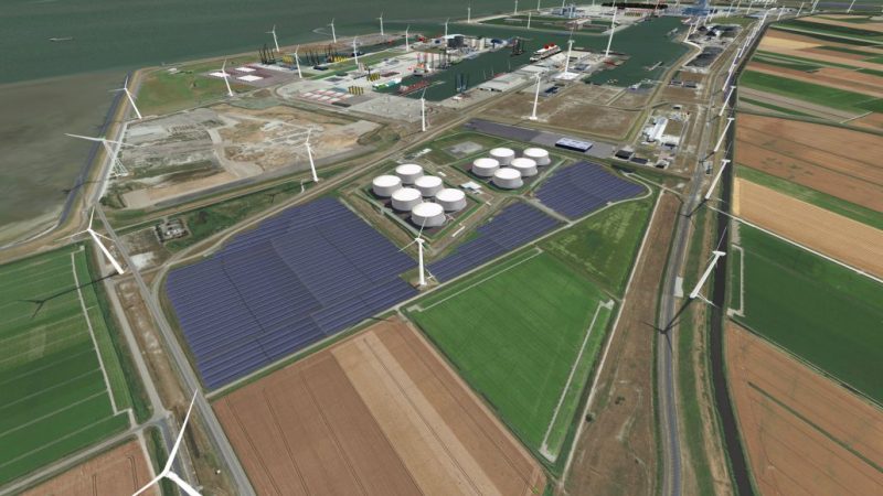 Artist impression van het 19 hectare grote zonnepark dat bij Vopak Terminal Eemshaven ontwikkeld wordt (foto: Groningen Seaports)