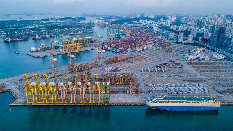 Aerial,View,International,Container,Cargo,Ship,In,Operations,On,Port, Singapore