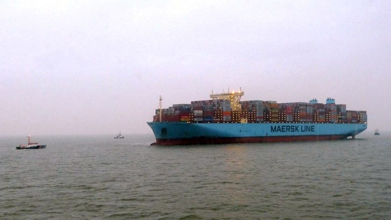epa09724361 A handout photo made available by the German Central Command for Maritime Emergencies Havariekommando showing the container ship Maersk Mumbai lies aground in the North Sea about ten kilometers North of the island of Wangerooge, Germany, 03 February 2022. According to the German Central Command for Maritime Emergencies (Havariekommando), the container carrier ran aground during the night. A first towing attempt in the early morning hours failed. EPA/Havariekommando HANDOUT HANDOUT EDITORIAL USE ONLY/NO SALES